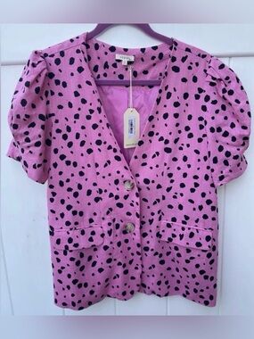 Pink Black Spot Puff Sleeve Button Front Top